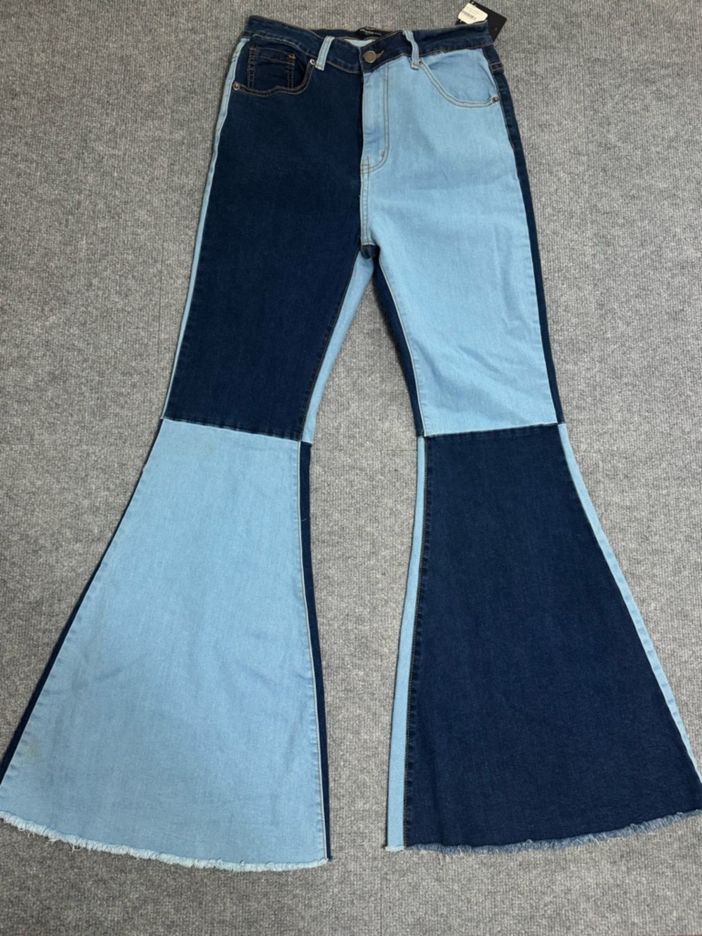 American Bazi Patchwork Flare Jeans L Two Tone Colorblock 70s Disco Western NWT
